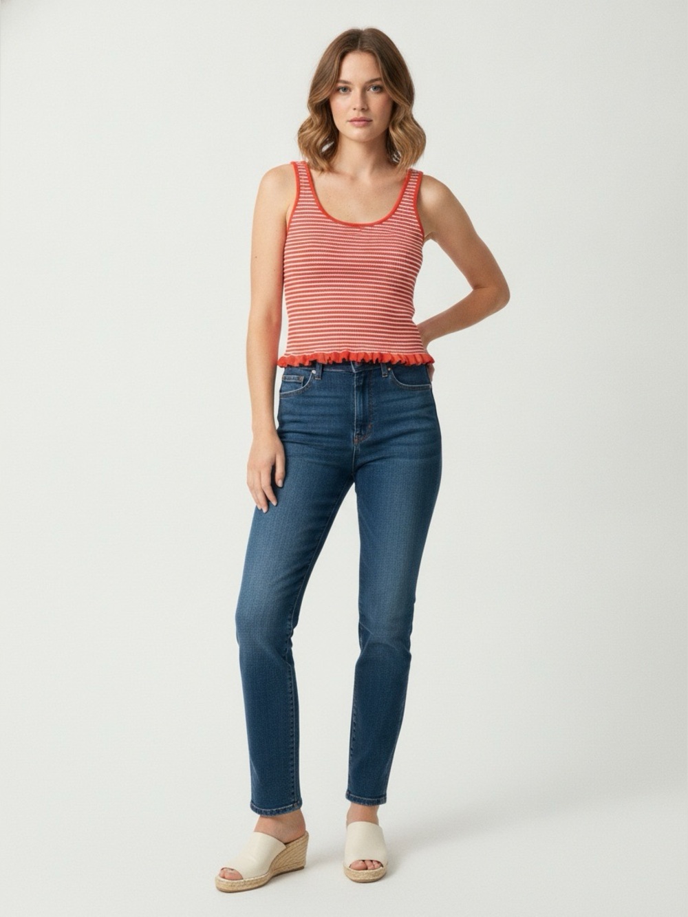 Free Assembly Red & White Striped Ruffle-Hem Tank